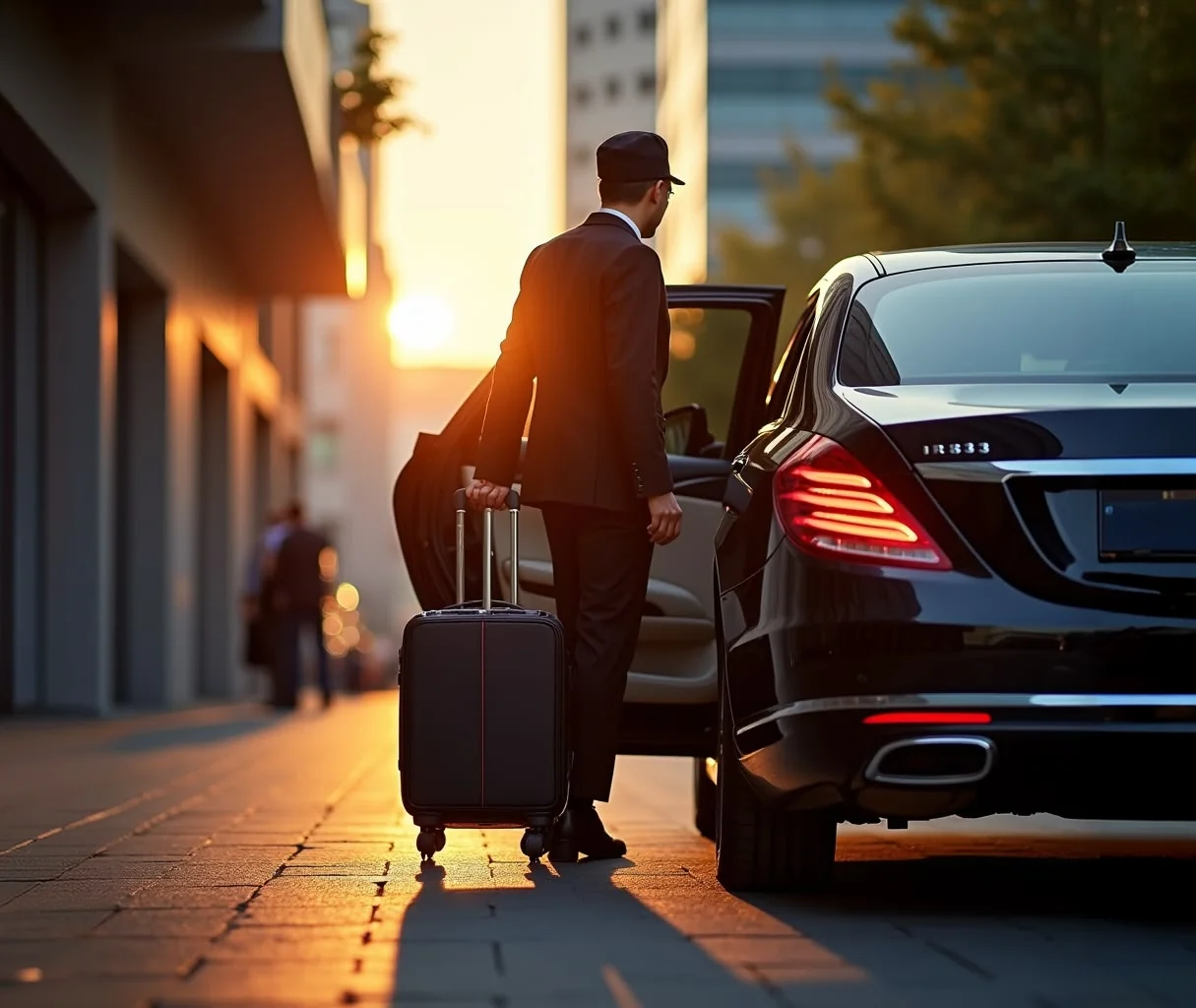 Passenger seated in the rear cabin of a chauffeured car