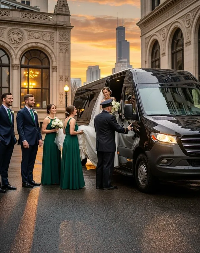 Wedding party boarding a chauffeured van outside a stone building