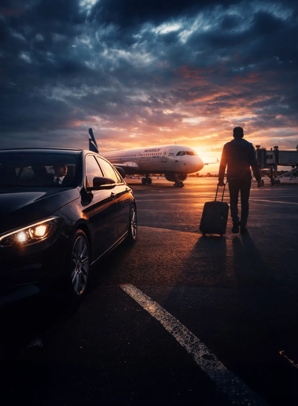 Traveller walking towards a waiting car on an airport apron at dusk
